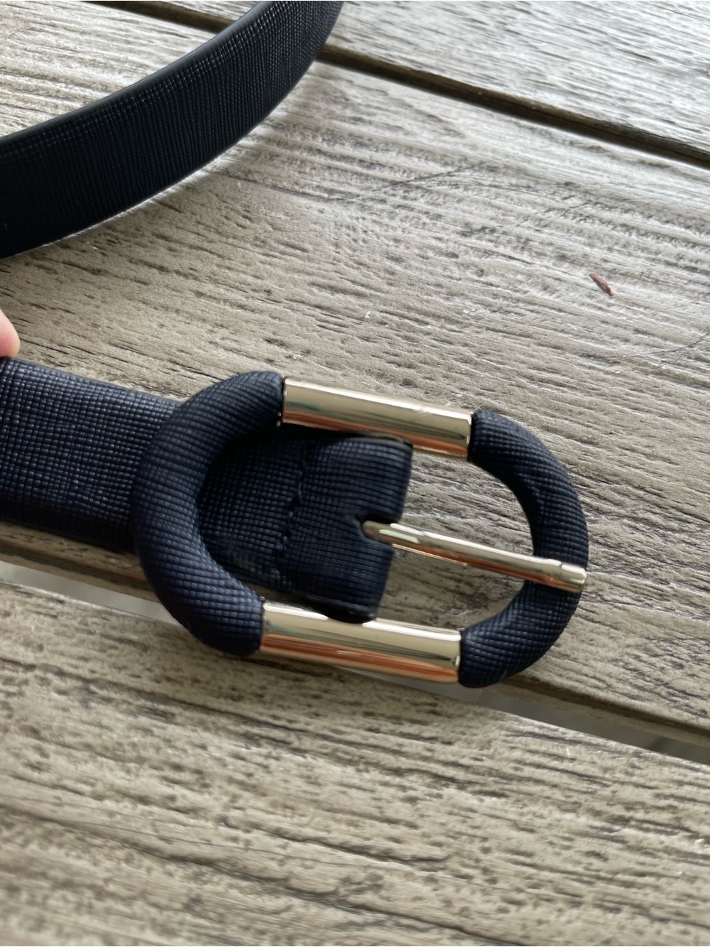 White House Black Market Dark Blue Textured Belt Silver-Tone Buckle Size Large - Picture 3 of 9